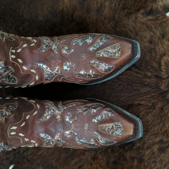 LANE "Poison" floral Chestnut brown & metallic snakeskin underlay cowgirl boots - Picture 9 of 16